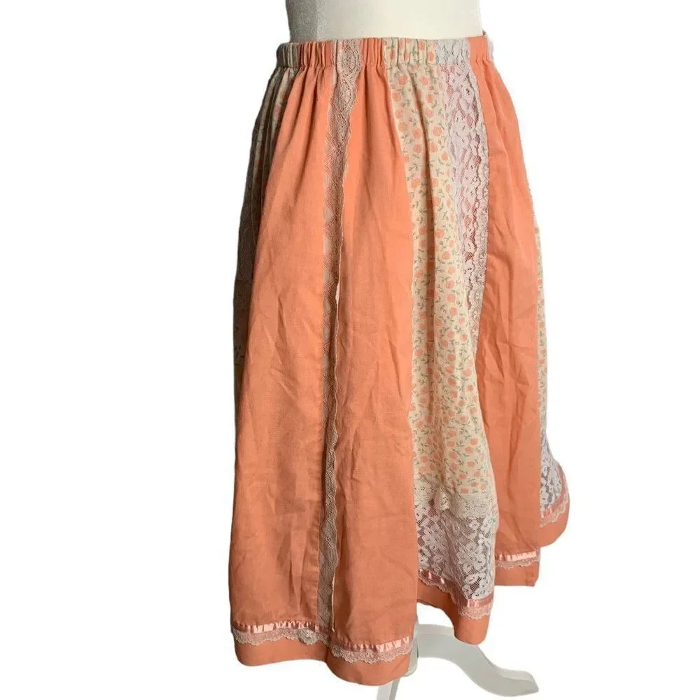 Vintage 70s Patchwork Circle Patio Skirt S Pink Floral Lace Cottage Prairie
